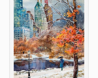 May include: Watercolor painting of a snowy park scene with a cityscape backdrop. A person with an umbrella walks along a path near a body of water. Buildings and trees are visible, with the sign "ESSEX HOUSE" on a building.
