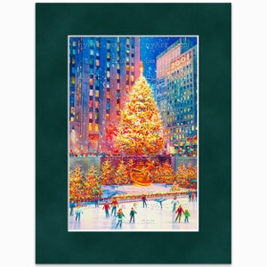 Rockefeller Center Christmas Tree New York Print from Watercolor Original Painting Artwork New York Poster New York Wall Art mat Pine 12x16