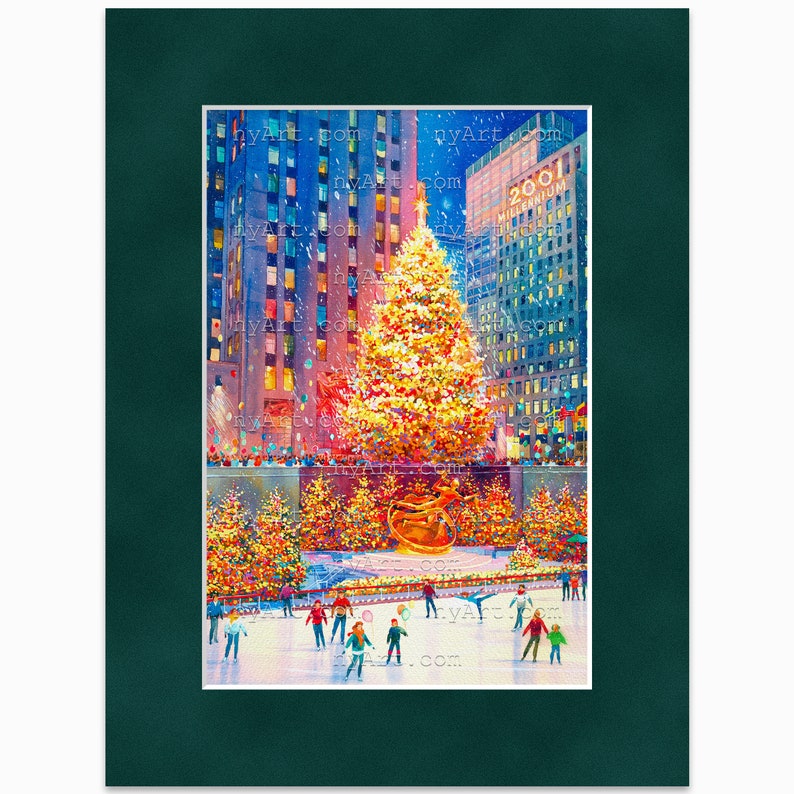 Rockefeller Center Christmas Tree New York Print from Watercolor Original Painting Artwork New York Poster New York Wall Art mat Pine 12x16