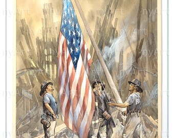 Firefighters Raising American Flag – Original Watercolor Painting by Roustam Nour, 17.75x12.75 in, Unframed