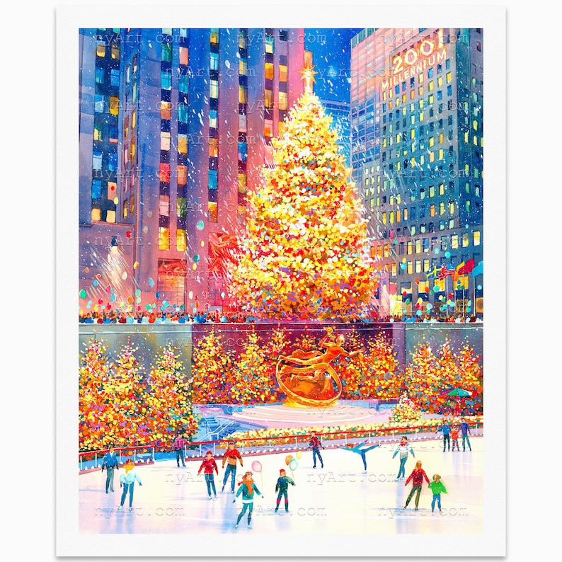 Rockefeller Center Christmas Tree New York Print from Watercolor Original Painting Artwork New York Poster New York Wall Art image 1