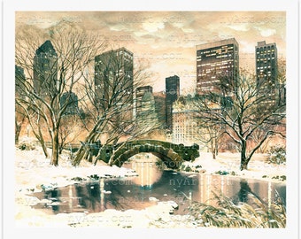 Gapstow Bridge Sepia New York Print from Watercolor Original Painting Artwork | New York Poster | New York Watercolor | New York Wall Art