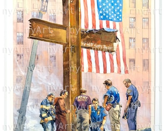 Ground Zero Cross with Rescuers – Original Watercolor Painting by Roustam Nour, 17.75x12.75 in, Unframed