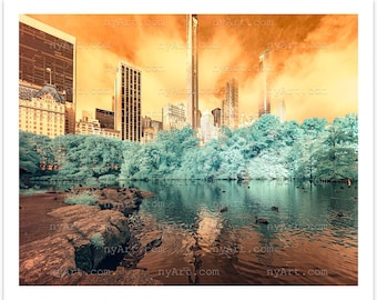 Central Park Pond Infrared Photography Print – NYC Skyline & Plaza Hotel | Fine Art Photo