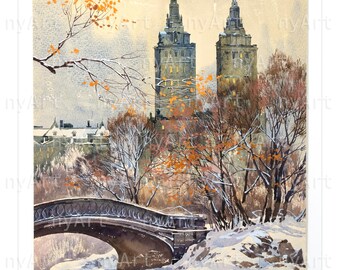 Central Park Winter Scene – Original Watercolor by Roustam Nour