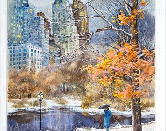 Central Park Winter Scene – Original Watercolor by Roustam Nour