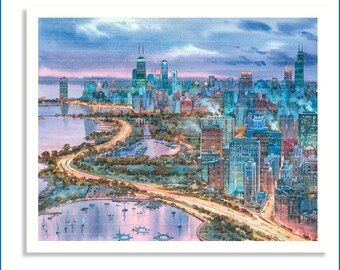 Chicago Skyline at Night Chicago Print from Watercolor Original Painting Artwork | Chicago Wall Art | Chicago Poster | Chicago Wall Decor