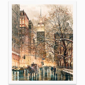 Impression de New York sépia lueur hivernale à partir d'oeuvres d'art de peinture originales aquarelle affiche de New York Aquarelle de New York Art new-yorkais image 1