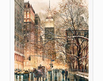 Winter Glow Sepia New York Print from Watercolor Original Painting Artwork | New York Poster | New York Watercolor | New York Art