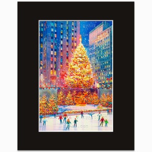 Rockefeller Center Christmas Tree New York Print from Watercolor Original Painting Artwork New York Poster New York Wall Art mat Black 11x14