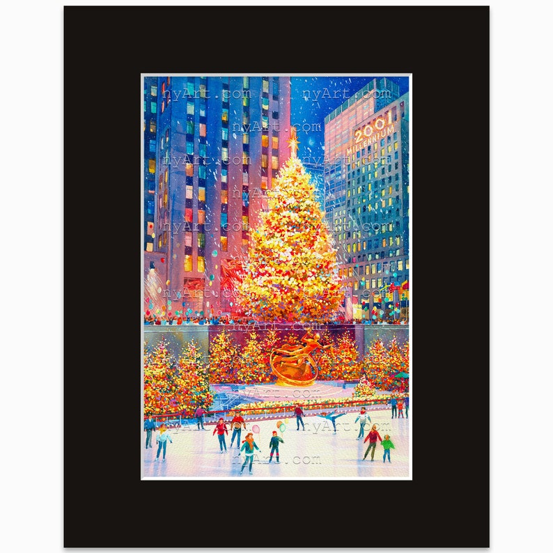 Rockefeller Center Christmas Tree New York Print from Watercolor Original Painting Artwork New York Poster New York Wall Art mat Black 11x14