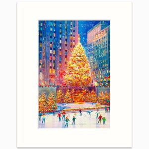 Rockefeller Center Christmas Tree New York Print from Watercolor Original Painting Artwork New York Poster New York Wall Art mat White 11x14