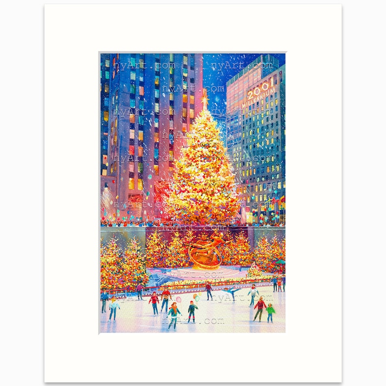 Rockefeller Center Christmas Tree New York Print from Watercolor Original Painting Artwork New York Poster New York Wall Art mat White 11x14