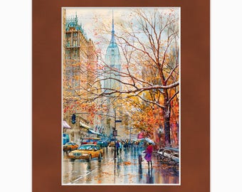 Rainy Day Fifth Avenue Watercolor Print – Midtown Manhattan Art Deco Skyline