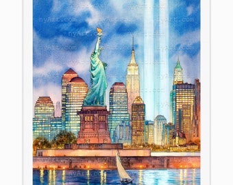 Impression Light Tribute New York du 11 septembre à partir d'une oeuvre d'art originale à l'aquarelle | affiche de New York | Aquarelle de New York | Art new-yorkais