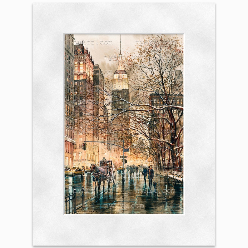 Impression de New York sépia lueur hivernale à partir d'oeuvres d'art de peinture originales aquarelle affiche de New York Aquarelle de New York Art new-yorkais mat Winter 12x16