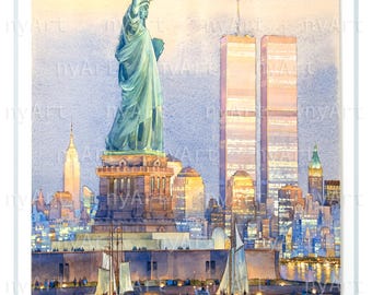 Statue of Liberty & Twin Towers – Original Watercolor by Roustam Nour