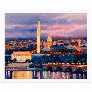 Twilight Glow Over Washington, DC Reproduction Fine Art Giclee Print from Original Watercolor Painting, Potomac River Print Lincoln Memorial