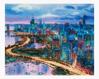 Chicago Skyline at Night Chicago Print from Watercolor Original Painting Artwork | Chicago Wall Art | Chicago Poster | Chicago Wall Decor