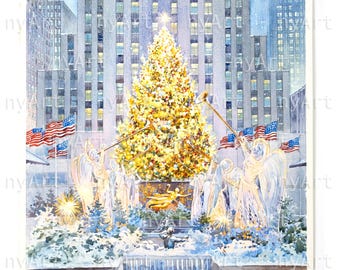Rockefeller Center Christmas Tree – Original Watercolor by Roustam Nour