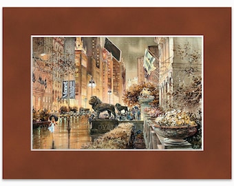 Rainy Evening at the Chicago Art Institute – Watercolor Fine Art Print by Roustam Nour