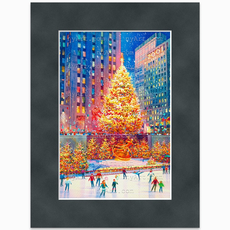 Rockefeller Center Christmas Tree New York Print from Watercolor Original Painting Artwork New York Poster New York Wall Art mat Ash 12x16