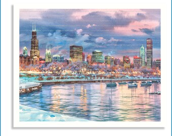 Chicago Pier at Dusk Chicago Print from Watercolor Original Painting Artwork | Chicago Skyline Wall Art | Chicago Poster, Chicago Wall Decor