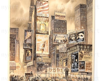 Times Square Broadway Legends – Original Watercolor Painting by Roustam Nour, 17.75x12.75 in, Unframed
