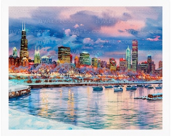 Chicago Pier at Dusk Chicago Print from Watercolor Original Painting Artwork | Chicago Skyline Wall Art | Chicago Poster, Chicago Wall Decor