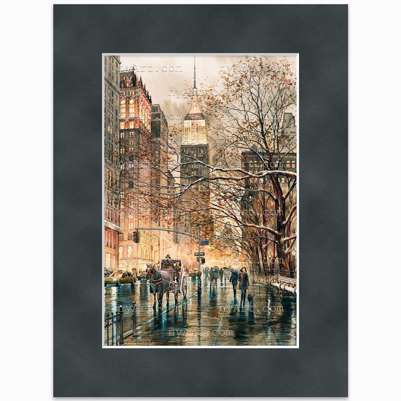 Impression de New York sépia lueur hivernale à partir d'oeuvres d'art de peinture originales aquarelle affiche de New York Aquarelle de New York Art new-yorkais mat Ash 12x16