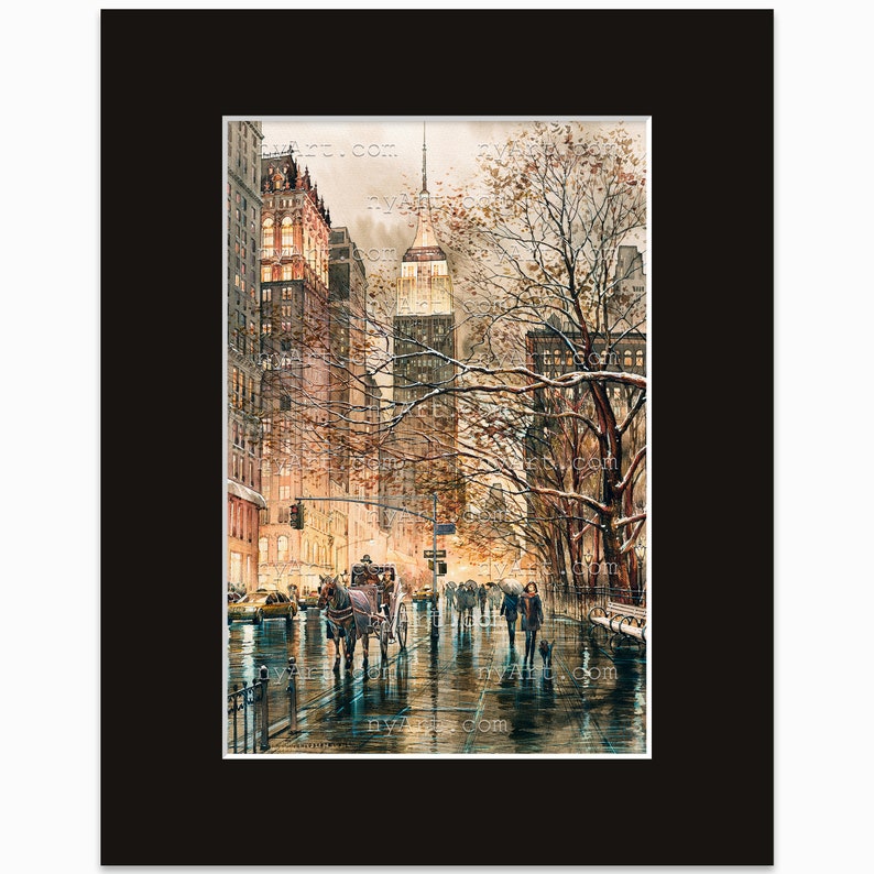 Impression de New York sépia lueur hivernale à partir d'oeuvres d'art de peinture originales aquarelle affiche de New York Aquarelle de New York Art new-yorkais mat Black 11x14