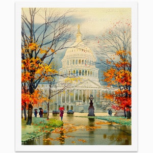 Esplendor otoñal en el Capitolio de los Estados Unidos - Washington, DC. Reproducción de una impresión giclée de bellas artes a partir de una acuarela original / Impresión del Capitolio de los Estados Unidos.
