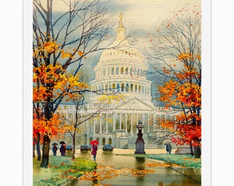 US Capitol Building in the Fall Washington DC Print from Watercolor Original Painting Artwork | Washington dc Poster | Washington Watercolor