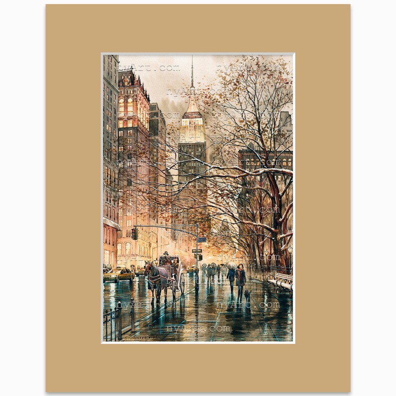 Impression de New York sépia lueur hivernale à partir d'oeuvres d'art de peinture originales aquarelle affiche de New York Aquarelle de New York Art new-yorkais mat Sand Trap 11x14