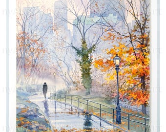 Central Park Autumn Walk – Original Watercolor Painting by Roustam Nour, 17x12 in, Unframed