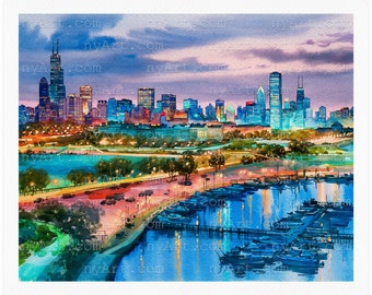 Nighttime in Chicago Print from Watercolor Original Painting Artwork | Chicago Skyline Wall Art | Chicago Poster | Chicago Wall Decor