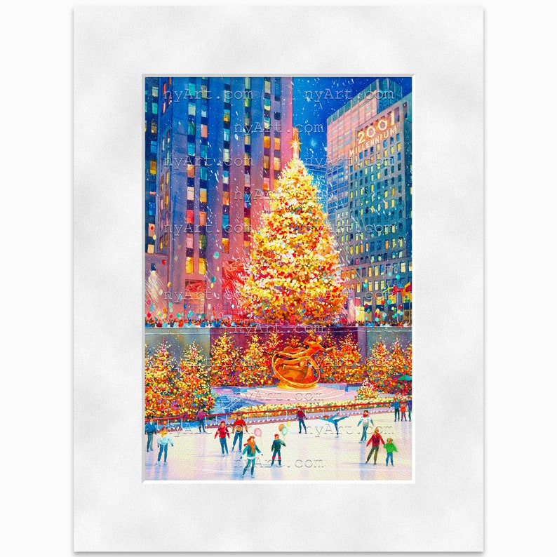 Rockefeller Center Christmas Tree New York Print from Watercolor Original Painting Artwork New York Poster New York Wall Art mat Winter 12x16