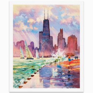 Chicago’s Waterfront Charm Reproduction Fine Art Giclee Print from Original Watercolor Painting, Lake Michigan Oak Street Beach John Hancock