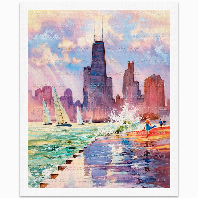Oak Street Beach Chicago – Watercolor Fine Art Print by Roustam Nour - Etsy
