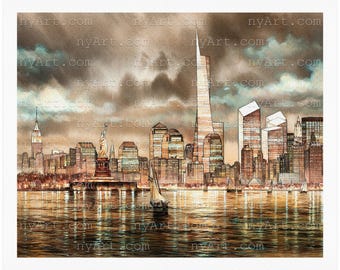 May include: Watercolor painting of the New York City skyline at dusk. The image features the Statue of Liberty, sailboats, and several skyscrapers, including the One World Trade Center. The water reflects the city lights and the cloudy sky. The website address nyArt.com is printed across the image.