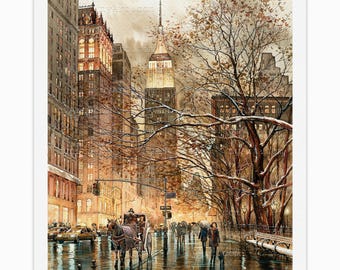 Sepia Midtown Manhattan Skyline – Vintage New York Watercolor Fine Art Print by Roustam Nour