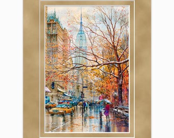 New York Fifth Avenue Rainy Day – Watercolor Fine Art Print by Roustam Nour