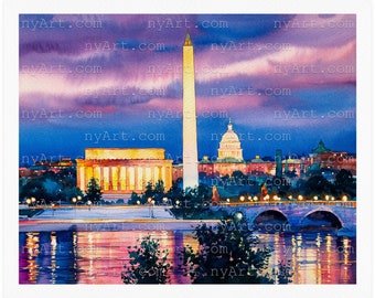 Evening Falls on Washington, D.C. Print from Watercolor Original Painting Artwork | Washington dc Poster | Washington DC Watercolor