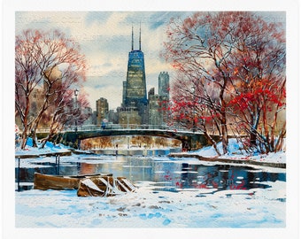 Winter in Chicago Print from Watercolor Original Painting Artwork | Chicago Skyline Wall Art | Chicago Poster | Chicago Wall Decor