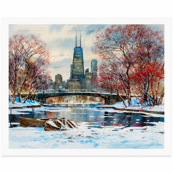 Winter in Chicago Print from Watercolor Original Painting Artwork | Chicago Skyline Wall Art | Chicago Poster | Chicago Wall Decor