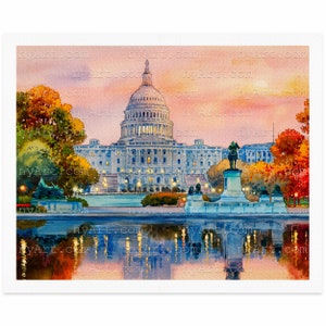 Twilight at the U.S. Capitol - Washington, DC Reproduction Fine Art Giclee Print from Original Watercolor Painting | Ulysses Grant Memorial