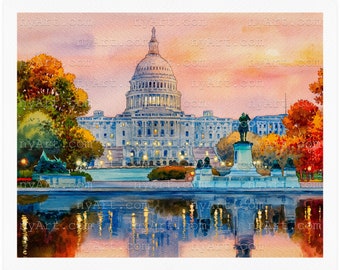 Sunset in Washington DC Print from Watercolor Original Painting Artwork | Washington dc Poster | Washington DC Watercolor | Wall Decor