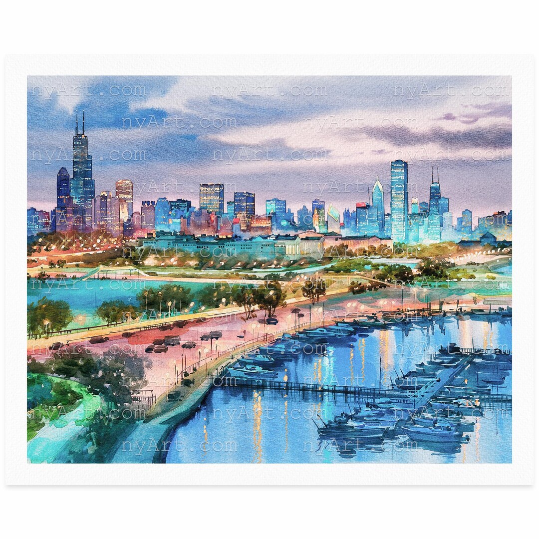Chicago Skyline Harbor – Watercolor Fine Art Print by Roustam Nour - Etsy