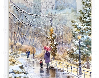 Central Park Winter Walk – Original Watercolor Painting by Roustam Nour, 17x12 in, Unframed