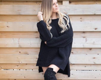 Black Alpaca Oversized knit sweater. Low/ High hemline woman sweater. Black knit sweater.